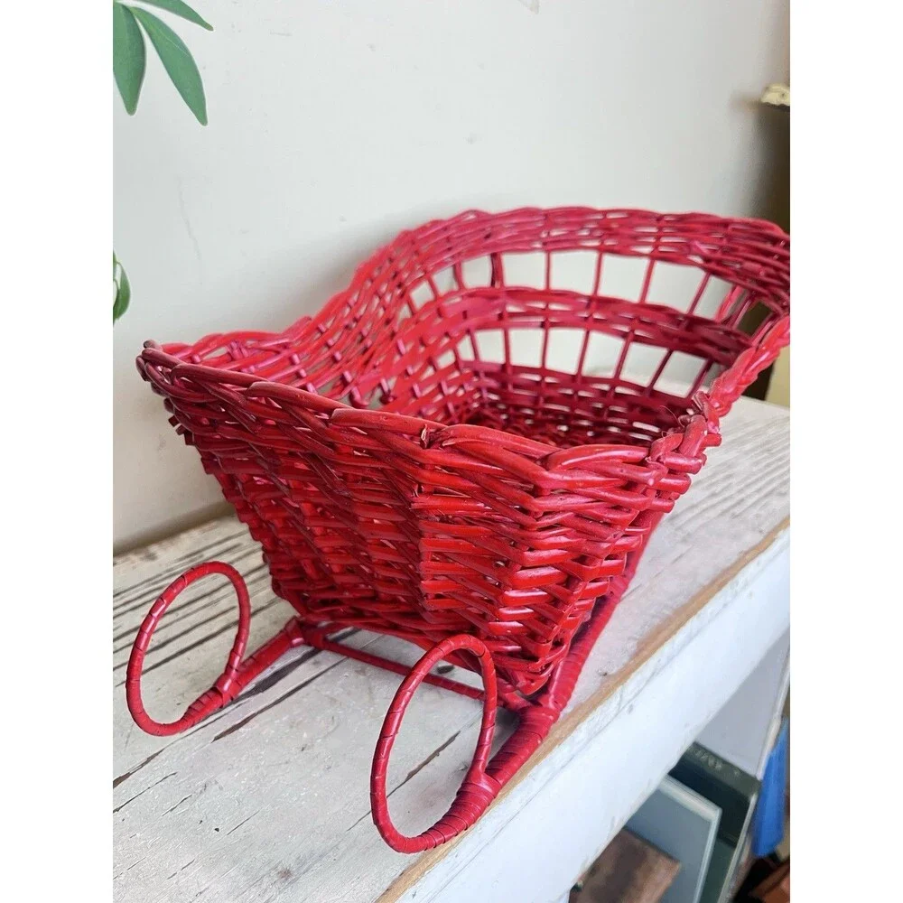 Vintage Rare Large Christmas Red Wicker Santa’s Sled Flower/Gifts Basket 18”